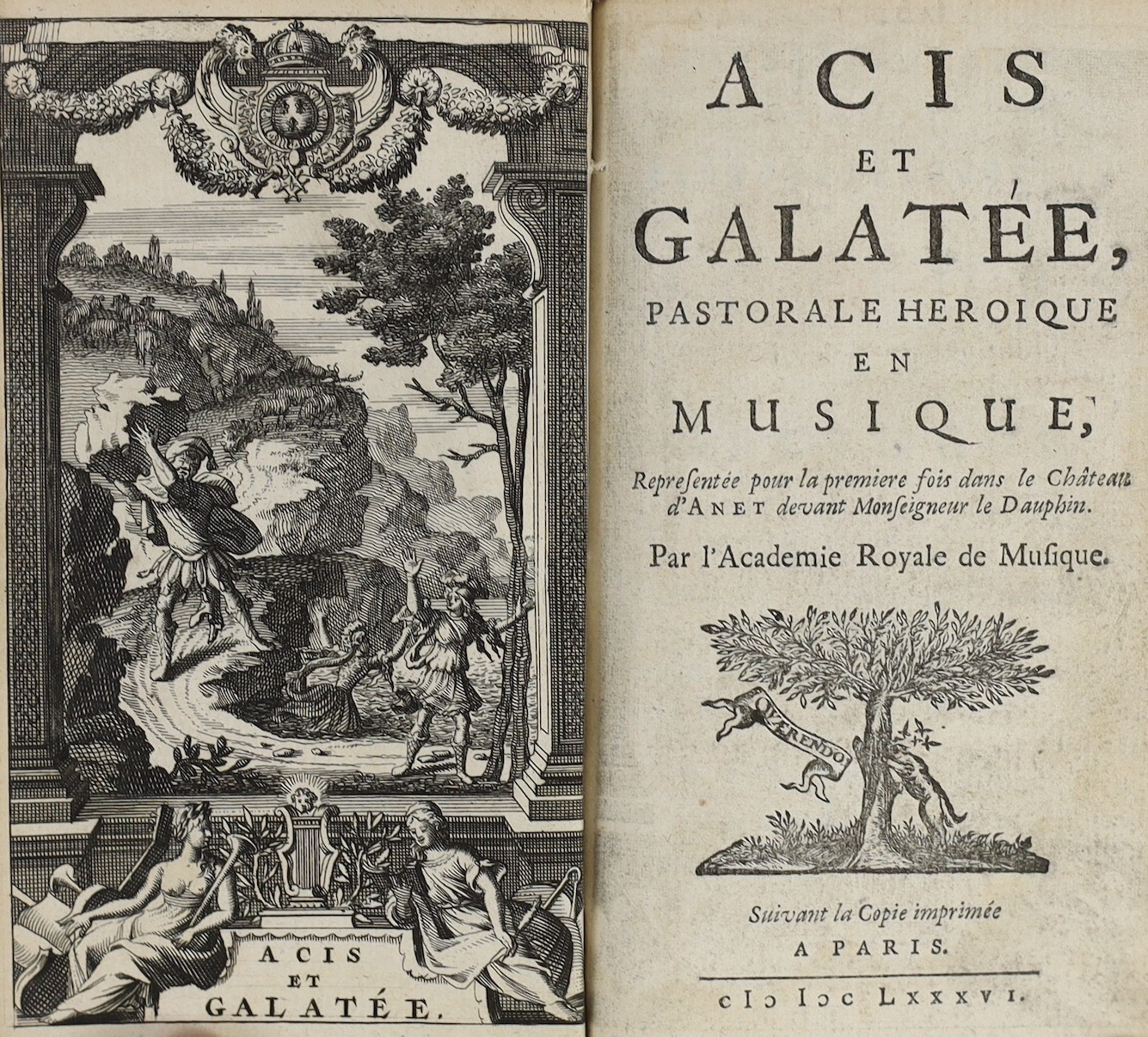 Campistron, Jean Galbert de - Acis et Galatee, Pastorale Heroique en Musique, 12mo, quarter calf gilt with marbled boards, engraved frontis, Paris, 1686
